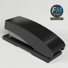 an image of a black office stapler on a white background with the f m logo above it