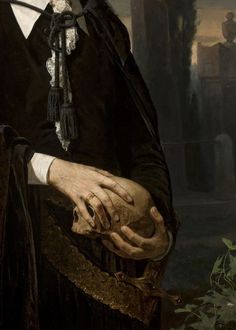 a painting of a man in black holding his hands together