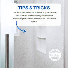 a shower with the words tips & tricks above it and an arrow pointing to the right