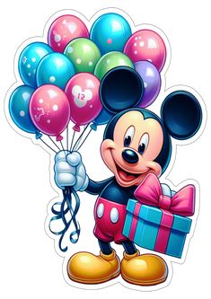 a mickey mouse holding balloons and a gift