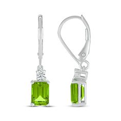 Add intriguing color to any outfit with these shimmering drop earrings. Crafted in sterling silver Each earring showcases an emerald-cut spring-green peridot dangle A white lab-created sapphire tops the gemstone The earrings secure with lever backs A great August birthstone gift choice Sapphire Drop Earrings, White Lab, August Birthstone, Green Peridot, August Birth Stone, Spring Green, Earrings Sterling Silver, Sterling Earrings, Emerald Cut