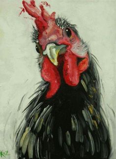 a painting of a rooster with black feathers and red combs on it's head