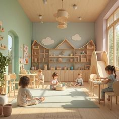 three children are sitting on the floor in a playroom with toys and bookshelves