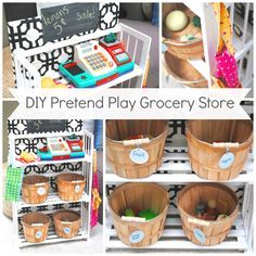 the diy pretend play grocery store is organized with baskets and bins for toys