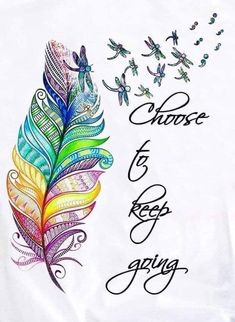 a white t - shirt with a colorful feather and butterflies on the back that says choose 5 keep flying