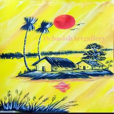 a painting with palm trees and houses in the background