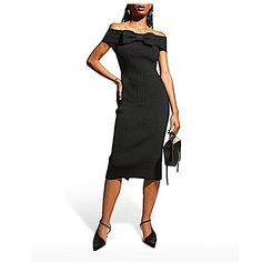 Carolina Herrera Off-The-Shoulder Rib Bow Dress. Original Price:$1790 A Ribbed Midi Dress Featuring Off-The-Shoulder Styling And A Bow Detail To Finish The Look. Off-The-Shoulder Neckline Short Sleeves Viscose/Polyester/Nylon/Elastane Dry Clean Made In Italy Size & Fit True To Size Classic Fit About 47.5" From Shoulder To Hem Model Measurements: 5'10" Tall Model Is W Earing A Us Size Small Viscose22% Self 65% Polyamide 12% Elasthane1%. Made In Italy. Luxury Black One-shoulder Dress, Luxury Black Midi Dress For Summer, Black Midi Dress For Black-tie Events, Black One-shoulder Dress For Black-tie Events, Black Fitted Midi Dress For Black-tie Events, Luxury Black Midi Dress For Dinner, Black Off-shoulder Midi Dress For Dinner, Off-shoulder Black Midi Dress For Dinner, Luxury Black Midi Dress For Formal Occasions