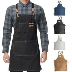 a man wearing an apron with different colors and styles of aprons on his chest