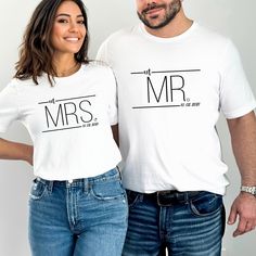 Mr and Mrs Couple Shirt Mr and Mrs Just Married Shirt Honeymoon T-Shirt Wedding Shirt Wife And Hubs Tees Couples Shirts 𝗛𝗢𝗪 𝗧𝗢 𝗢𝗥𝗗𝗘𝗥? 𝟏. Select the shirt 𝗦𝘁𝘆𝗹𝗲 2. Select the 𝗦𝗶𝘇𝗲 3. Select the shirt color 4. Select the quantity, 5. Click 𝗔𝗗𝗗 𝗧𝗢 𝗖𝗔𝗥𝗧.  If you want to buy more than one, please go back to the listing and repeat the steps. We choose Gildan Soft Style (100% Cotton), Bella Canvas (100% Cotton), Sweatshirts and Hoodies Gildan (50% Cotton-50% Polyester). Please let us know if you want a specific brand. Otherwise we will send the brand available in our stocks. -> The lettering on the t-shirts is black in light colors and white in dark colors. If you want a specific color, please send us a message. -> If you need to order 3XL or Larger please contact us. Matching Tshirts, Married Shirt, Engaged Shirts, Mrs Shirt, Monogram T Shirts, Honeymoon Shirts, Bride Shirts, Wedding Shirts, Couple T-shirt