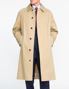 X Grenfell Tan Cotton Raincoat | Men's Sport Coats - J. Press Classic Long Sleeve Fall Raincoat, Classic Fall Workwear Raincoat, Classic Fall Raincoat For Work, Beige Gabardine Outerwear With Button Cuffs, Classic Cotton Outerwear With Spread Collar, Classic Winter Raincoat For Work, Classic Gabardine Raincoat For Work, Solid Gabardine Raincoat For Workwear, Gabardine Raincoat For Workwear