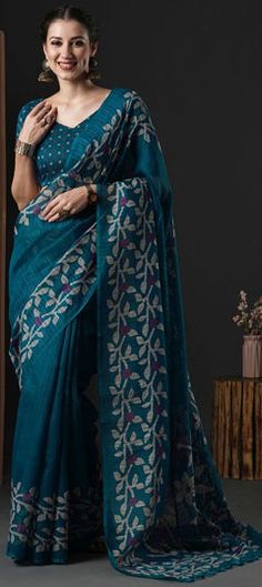 Blue color Saree in Cotton fabric with Printed work Luxury Blue Cotton Silk Saree, Blue Color Saree, Engagement Reception, Reception Lehenga, Casual Saree, Waist Chain, Traditional Sarees, Blouse Length, Salwar Kameez