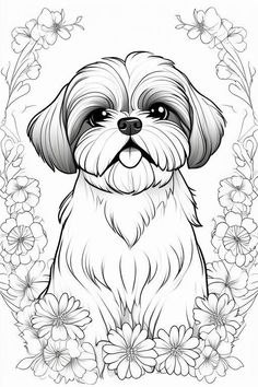 a small dog with flowers around it's neck and eyes, sitting in front of a