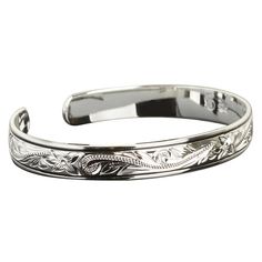 Solid 925 Sterling Silver Hawaiian Scroll with Black Border Cuff BangleItem Number: B5016All weights and measurements are approximate and may vary slightly from listed information as below:Weight: 9.7-36.9 gramBand Width: 6mm, 8mm, 10mm, 12mm, 15mm, 18mmMaterial: 925 Sterling SilverThis beautiful bangle is made with 925 (92.5%) Sterling Silver which is the highest concentration of silver allowed in jewelry. Laser engravings are for the inside of the bangle ONLY. Once an item has been engraved it Classic Etched Cuff Bracelet For Anniversary, Formal Adjustable Etched Cuff Bracelet, Formal Sterling Silver Bracelets With Engraving Option, Vintage Silverware Jewelry, Bali Jewelry, Hawaii Jewelry, Hawaiian Jewelry, Silverware Jewelry, Vintage Silverware