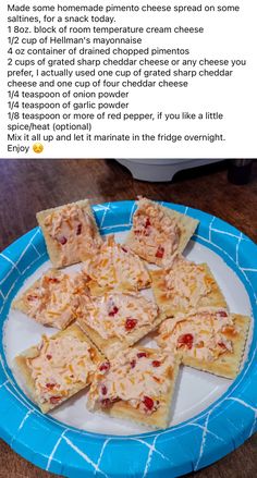 some crackers are on a blue and white plate