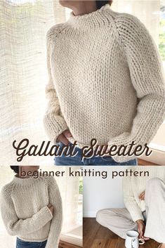 a woman wearing a sweater and jeans with the words, gaulan sweater begin knitting pattern