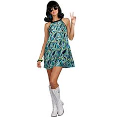 Groovy baby! In this retro-print mod style dress, tranform your modern self into the free-loving, swinging 60s. You can't go wrong with this The Beat Goes On retro styled costume for your next flashback event. Gladiator Halloween Costume, Queen Halloween Costumes, Peace Sign Earrings, Disco Costume, Red Riding Hood Costume, Mod Dress