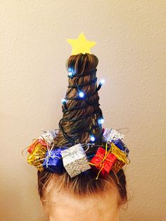 Brielle Christmas tree hair for crazy hair day. Made with $3 in dollar store items. Hair Styles 2017