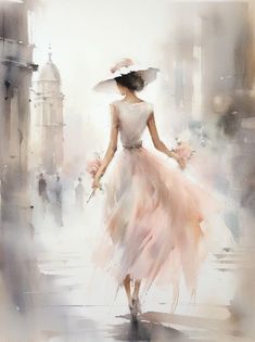 a painting of a woman in a dress and hat walking down the street with flowers