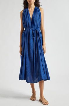 Serve up casual-chic vibes in this sleeveless midi dress framed by a racerback and cinched by a removable robe belt. Slips on over head Deep V-neck Sleeveless Side-seam pockets 100% cotton Dry clean Imported Casual Ruched Halter Neck Midi Dress, Casual Halter Neck Midi Dress For Daywear, Shop Mille, Pastel Plaid, Chic Vibes, Sleeveless Midi Dress, Cotton Midi Dress, Midi Dress Sleeveless, Nordstrom Dresses