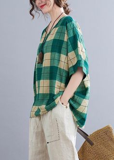 French Green Plaidlow high design Cotton Linen Summer Shirt TopFabric: Cotton 45%, Linen 55%Size & Fit: Fit: This garment fits true to size.Length: Size 5XL measures 27.69"from shoulder to hemBust: Great for any cup size. Waist: Loose Fit. Comfortable room throughout midsection.Hip: Loose Fit - room for hips. Hand Wash Cold. Green Relaxed Fit V-neck Blouse, Spring Plaid V-neck Blouse, Oversized V-neck Shirt For Summer, Casual Plaid Top With Relaxed Fit, Trendy Plaid V-neck Top, Green V-neck Shirt For Spring, Casual Short Sleeve Fall Blouse, Casual Short Sleeve Blouse For Fall, Green Cotton V-neck Blouse