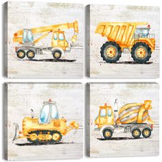 PRICES MAY VARY. 【Construction Decor Car Wall Art Size】: Each panel is 12x12inch(30x30cm), total 4 Pieces. Construction room decor for boys bedroom. Cute yellow watercolor dump truck tractor excavator pictures, these constructions vehicle wall art suitable for kids boys room decorative or birthday party.Watercolor construction car themed paintings artwork bring a unique and perfect look to kids bedroom. 【Construction Decor For Boys Room】: This 4 pieces set different truck construction car poster Watercolor Tractor, Bedroom Watercolor, Playroom Artwork, Cartoon Truck, Construction Room, Toddler Boy Room, Construction Decor, Boys Room Wall Decor, Theme Painting