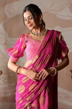 Pink shaded banarasi georgette pre-draped sharara saree with circular motifs embroidery. Comes with a crepe blouse with cutdana hand work. - Aza Fashions Bollywood Style Top With Traditional Drape And Dupatta, Bollywood Style Traditional Drape Top With Dupatta, Traditional Bollywood Tops With Dupatta, Bollywood Style Pre-draped Saree With Padded Blouse, Festive Fitted Blouse With Dupatta, Fitted Pre-draped Saree For Navratri Festival, Traditional Pre-draped Saree With Padded Blouse For Navratri, Fitted Pre-draped Saree With Pallu For Navratri, Bollywood Style Fitted Pre-draped Saree With Pallu