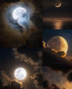 the moon and clouds are shown in four different pictures, each with its own image