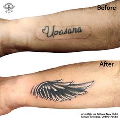 before and after tattoo removals on the arm, with an angel wing in black ink