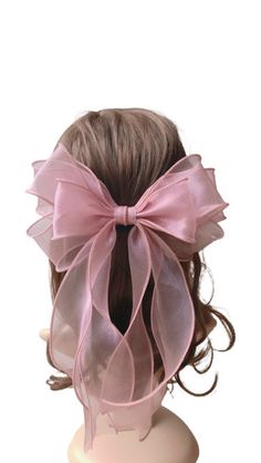 "4 layer Organza hair bow , double layer two different length long tail Size of hair bow (Width x Height) 8 \" x 5.5 \" inches length of longer tail: 8\" and 10\" inches ( you can cut to the size you like) France barrette : 3 inches All custom orders welcome, please contact me! all my shop items are handmade by me in the USA Current processing time is 1-3 business days before shipping. Please contact me with any requests for specific delivery times. SHIPPING: All US orders are shipped USPS First Cheap Elegant Solid Color Bow, Elegant Cheap Solid Color Bow, Tulle Hair Bows Tutorial, Layers Long, Chiffon Hair, Diy Hair Accessories Ribbon, Big Hair Bows, Ruffle Flower, Bow Hairstyle