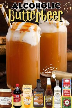 two glasses filled with liquid and topped with whipped cream, caramel syrup and cinnamon