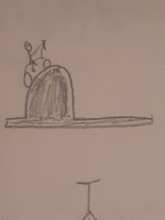 a drawing of a cake on top of a table with a bicycle in the background