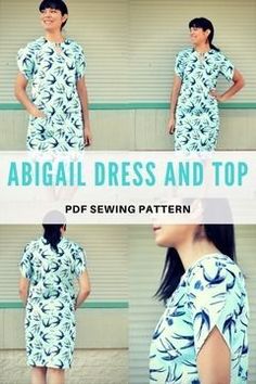 a woman wearing a dress and top with the words, abigal dress and top sewing pattern