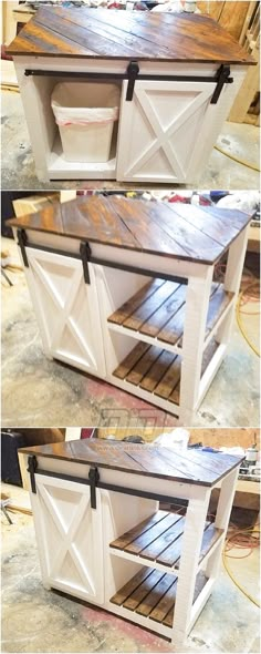 two pictures of the same sideboard in different stages of being painted white and brown