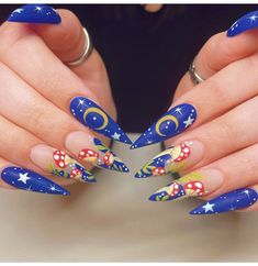 Blonde Fairy, Blue Stiletto Nails, Blue Coffin Nails, Nails Yellow, Fantasy Nails, Moon Nails, 4th Of July Nails, Polka Dot Nails