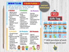 a printable baby shower game with the words what's in your purse?