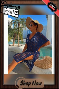 Navy Blue Hollow Out V Neck Pullover Cover Up Beach Dress Casual Beach Dress For Pool And Beach Season, Casual Vacation Dresses For Pool, Blue Short Sleeve Beachwear Cover-up, Blue Short Sleeve Cover-up For Poolside, Blue Short Sleeve Poolside Cover-up, Blue Short Sleeve Swimwear For Beach Cover-up, Blue Summer Beach Dress For Vacation, Blue Beach Dress For Summer Vacation, Casual Summer Dresses For Pool