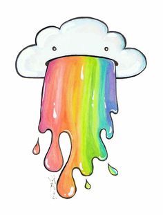 a drawing of a cloud with rainbow paint dripping down it's side and the word,