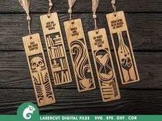 four laser cut wooden bookmarks with the words lasercut digital files svg, df