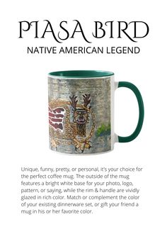 a coffee mug with an eagle on it and the words piasa bird native american legend