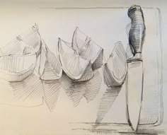 a drawing of a knife and some fruit on a table next to a vase filled with watermelon