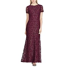 Lauren Ralph Lauren Women’s Caroleve Lace Metallic Evening Dress Cotton Blend Zipper Closure Dry Clean Only American Size: 6 Color: Cordovan/Silver 95% Polyester 5% Elastane Romantic Lace And A Slight A-Line Silhouette Short Sleeve Evening Dress For Dinner, Formal Lace Maxi Dress With Short Sleeves, Fitted Lace Maxi Dress With Short Sleeves, Short Sleeve Dresses For Dinner, Purple Long Dress, Purple Gowns, Long Formal Dress, Lace Evening Gowns, Full Length Gowns