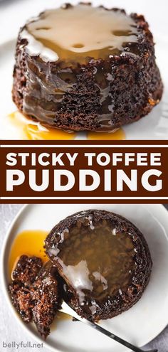 sticky toffe pudding on a white plate with caramel drizzle