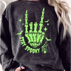 Brand New Glow In The Dark Sweatshirt Spooky Black T-shirt For Winter, Casual Black Glow In The Dark Top, Black Glow In The Dark Crew Neck Top, Spooky Black Sweatshirt With Graphic Print, Green Halloween Graphic Print Sweatshirt, Halloween Glow In The Dark Black Top, Red Knit Cardigan, Icelandic Design, Duster Cardigan Sweater