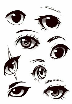 the eyes are drawn in black and white, with different angles to show them's features