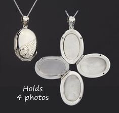 "Custom engraved oval four photo locket,custom engraving,personalized memorial locket,mother's day gift,remembrance jewelry,anniversary locket with photos Perfect as a Mother's Day gift, this custom engraved four photo locket necklace has: 1. One shining, highly polished sterling silver locket (26 x 19mm, 11.5 grams). It is also a bit heavy with 4 locket leaves inside.     It can be engraved on the front and back (use pulldown menu to select)     The front has its bottom half etched with a flora Boyfriend Necklace, Remembrance Jewelry, Picture Locket, Sterling Silver Locket, Photo Locket Necklace, Oval Locket, Memory Locket, Silver Locket, Photo Locket