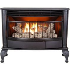 an electric fireplace heater with logs in the front and side panels on each side