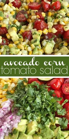 avocado corn and tomato salad with cilantro, red onion, tomatoes, lettuce