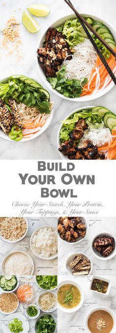 the cover of build your own bowl is shown with various bowls and chopsticks