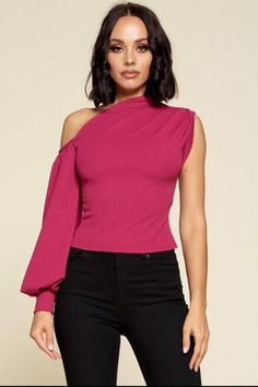 This plush, one-shoulder top adds an opulent touch to any look. From its carefully crafted gathering detail to the delicately puffed sleeves, this chic blouse is truly one of a kind. The timeless colors allow for effortless yet elegant styling. Perfect for any occasion. Fitted One-shoulder Top For Summer, Feminine One-shoulder Party Tops, Party Blouse In Solid Color With Stretch, Chic Solid Color Party Blouse, Feminine One Shoulder Tops For Spring, Solid Off-shoulder Top For Spring Party, Trendy Stretch One-shoulder Top, Elegant Puff Sleeve Solid Color Tops, Solid Color Off-shoulder Top For Party