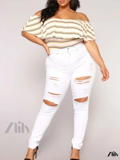 Zlily - Womens High Waist Ripped Holes Distressed Skinny Leg Jeans: Stretchable, Slim Fit Denim Pants for a Fashionable and Trendy Look Casual Ripped Bottoms For Spring, Spring Stretch Ripped Pants, Trendy Ripped Jeans For Spring, Ripped Denim Bottoms For Spring, Spring Ripped Jeans, Spring High Rise Ripped Jeans, White Stretch Ripped Jeans, Denim Pants, Slim Fit